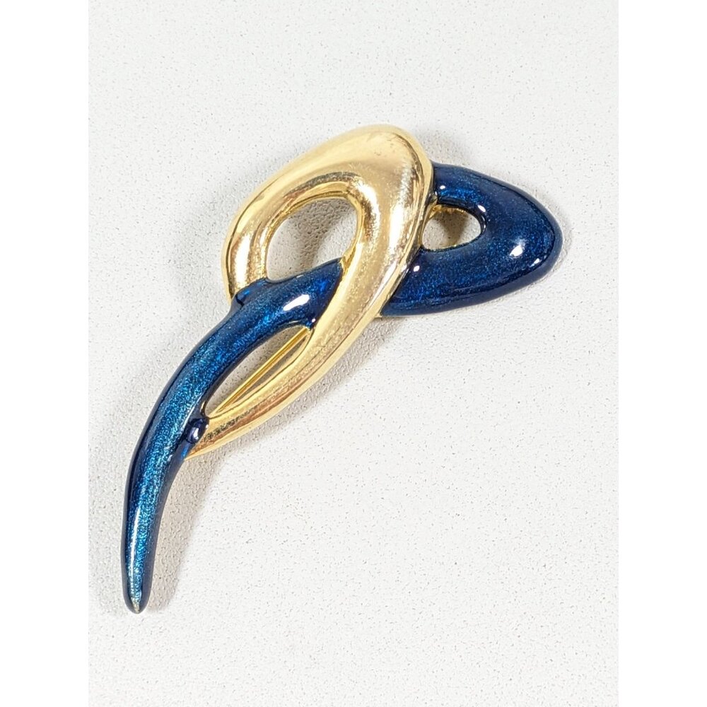 Vintage Gold Tone Blue Enamel Twist Knot Curved Bar Pin Brooch